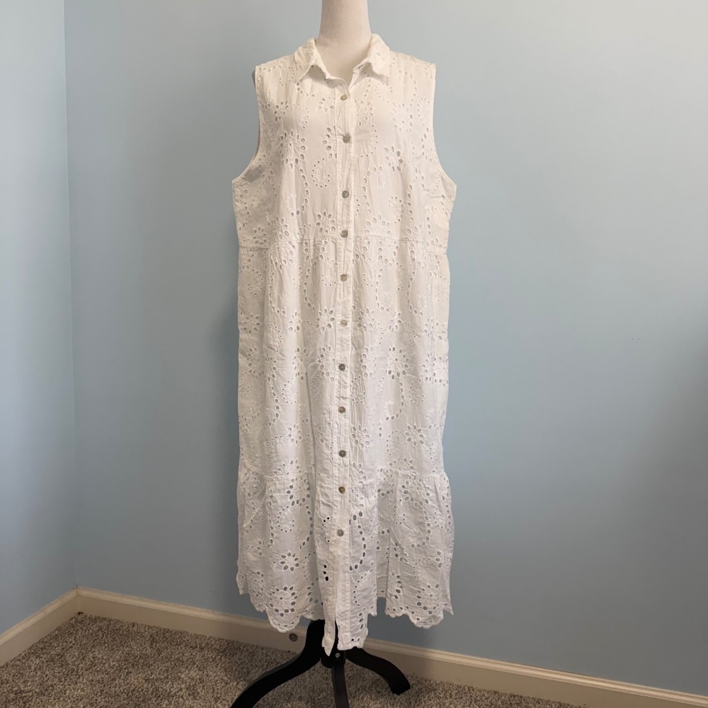 Valentina Naldi Women Eyelet Sleeveless Button Down White Cotton Lined Dress 1X
